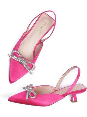 Women's Pink Slingback Rhinestone Bow Heels Pointed Toe Kitten Pumps Slip On